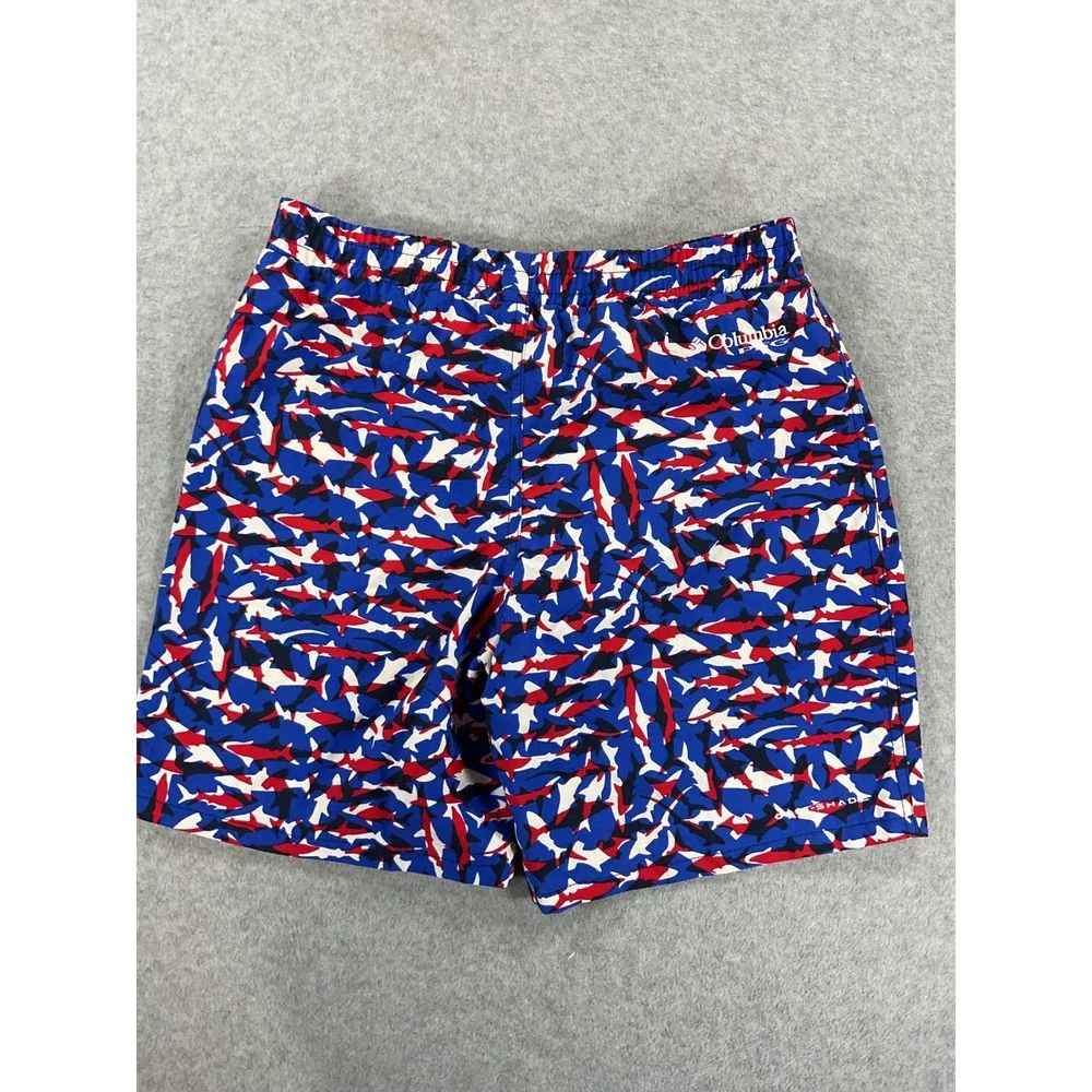 Columbia PFG Mens Shark Print Swim Trunks Red White Blue L 14/16 Omni-Shade 2655